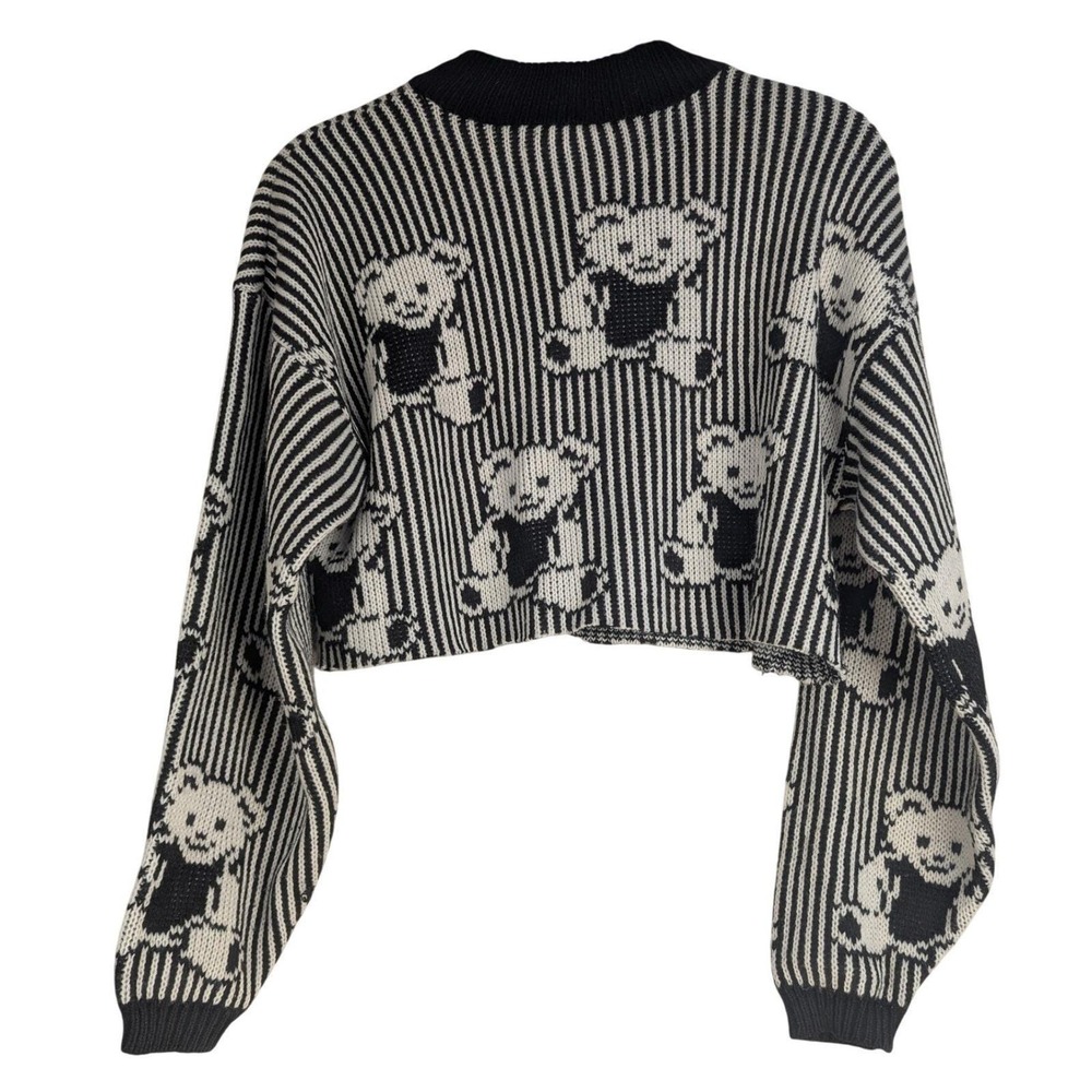 Vtg 90's Adele Knitwear Teddy Bear Striped Cropped Sweater Black White USA Made
